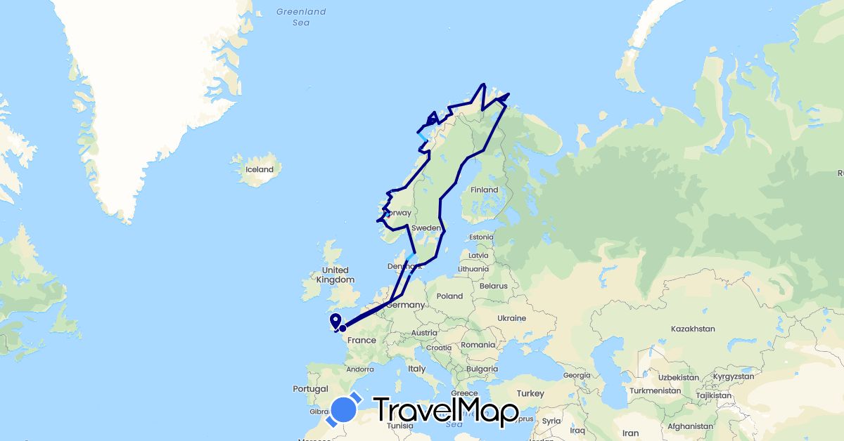 TravelMap itinerary: driving, train, hiking, boat in Belgium, Germany, Denmark, Finland, France, Norway, Sweden (Europe)